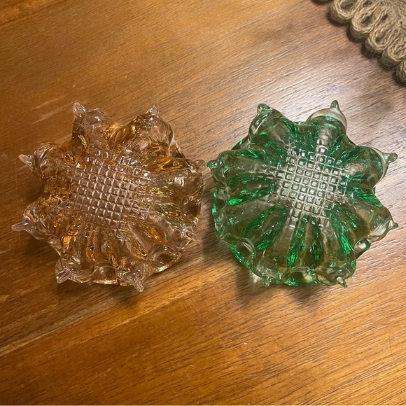 SET OF 2 Green & Pink Vintage Nesting Ashtray Italian Murano Glass Stack Flower - Picture 3 of 15